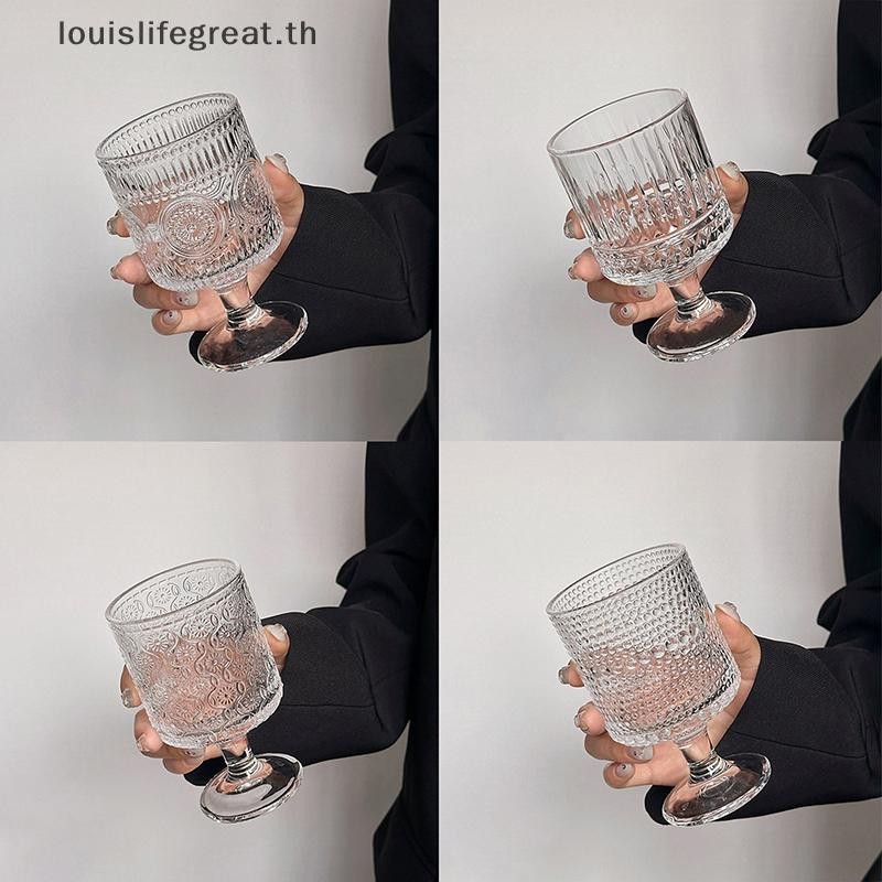Louislifegreat สไตล์เกาหลีแกะสลักนูนถ้วยแก้ว Goblet ขนาดเล็กสําหรับ Soju สาเกเหล้าสั้น Stemmed Glass ใหม่