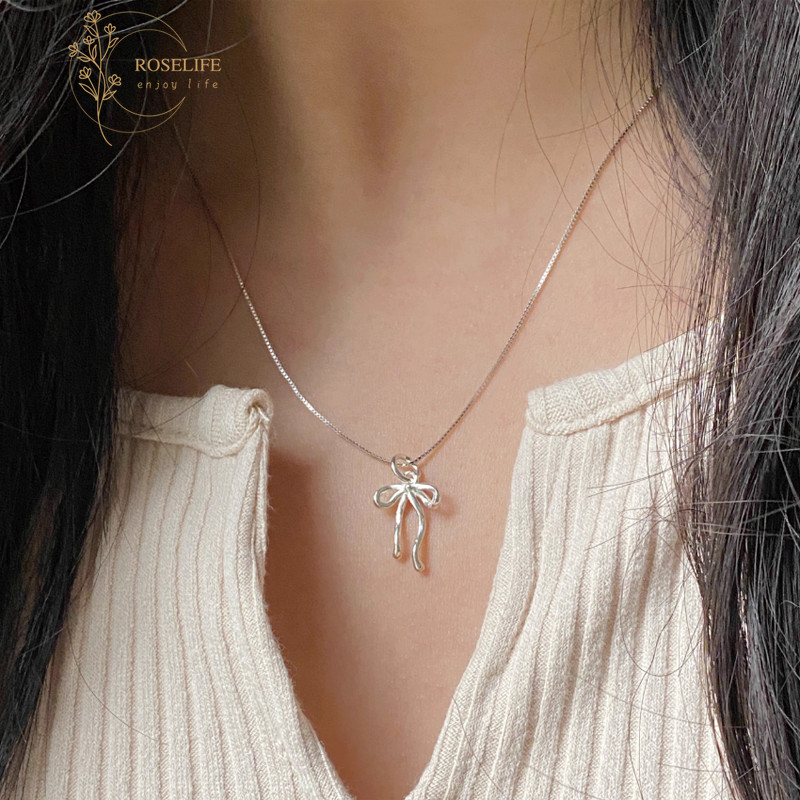 Roselife Minimalism เงินริบบิ้นโบว์จี้สร้อยคอสําหรับผู้หญิงสาวแฟชั่น Bowknot Choker คอเครื่องประดับ