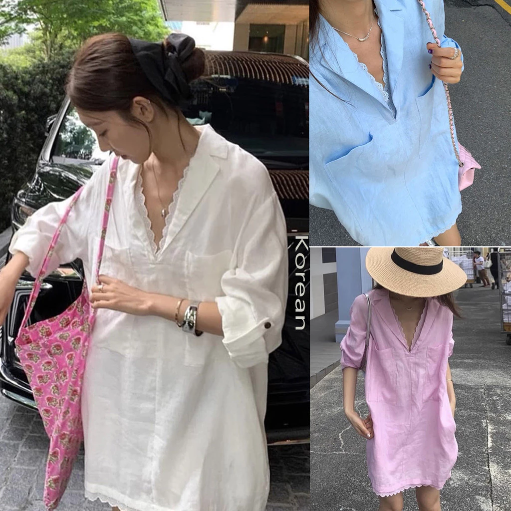 Dahong w520 เสื้อเชิ้ตยาวเกาหลี เรียบๆ oversize แขนยาวสีพื้น ผ้าลินินบุซับ คอวีแซมลูกไม้ ชายลูกไม้ มีกระเป๋า
