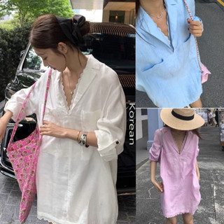 Dahong w520  เสื้อเชิ้ตยาวเกาหลี  เรียบๆ oversize แขนยาวสีพื…