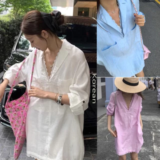 Dahong w520 เสื้อเชิ้ตยาวเกาหลี เรียบๆ oversize แขนยาวสีพื้น ผ้าลินินบุซับ คอวีแซมลูกไม้ ชายลูกไม้ มีกระเป๋า