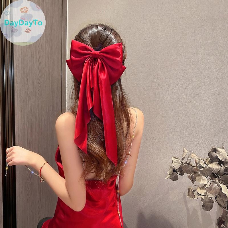 DayDayTo Elegant Red Streamer ริบบิ้นโบว์ขนาดใหญ่สําหรับผู้หญิงแฟชั่น Simple Solid Sa หางม้าโบว์ Hairpin หญิงอุปกรณ์เสริมผม TH - รูปที่ 4