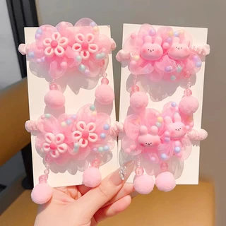 Dangle น่ารักดอกไม้สีชมพูผมผูกเชือกผม Scrunchies ยางผมหางม้าเครื่องประดับสําหรับเด็กเด็ก