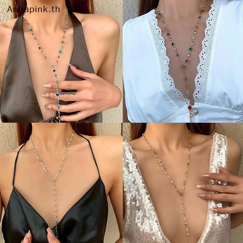 Annapink.th แฟชั่นแก้วที่มีสีสันยาว Y-รูปสร้อยคอโลหะ Collarbone Chain ทองเงินสี sel สร้อยคอ Party Body เครื่องประดับ EN