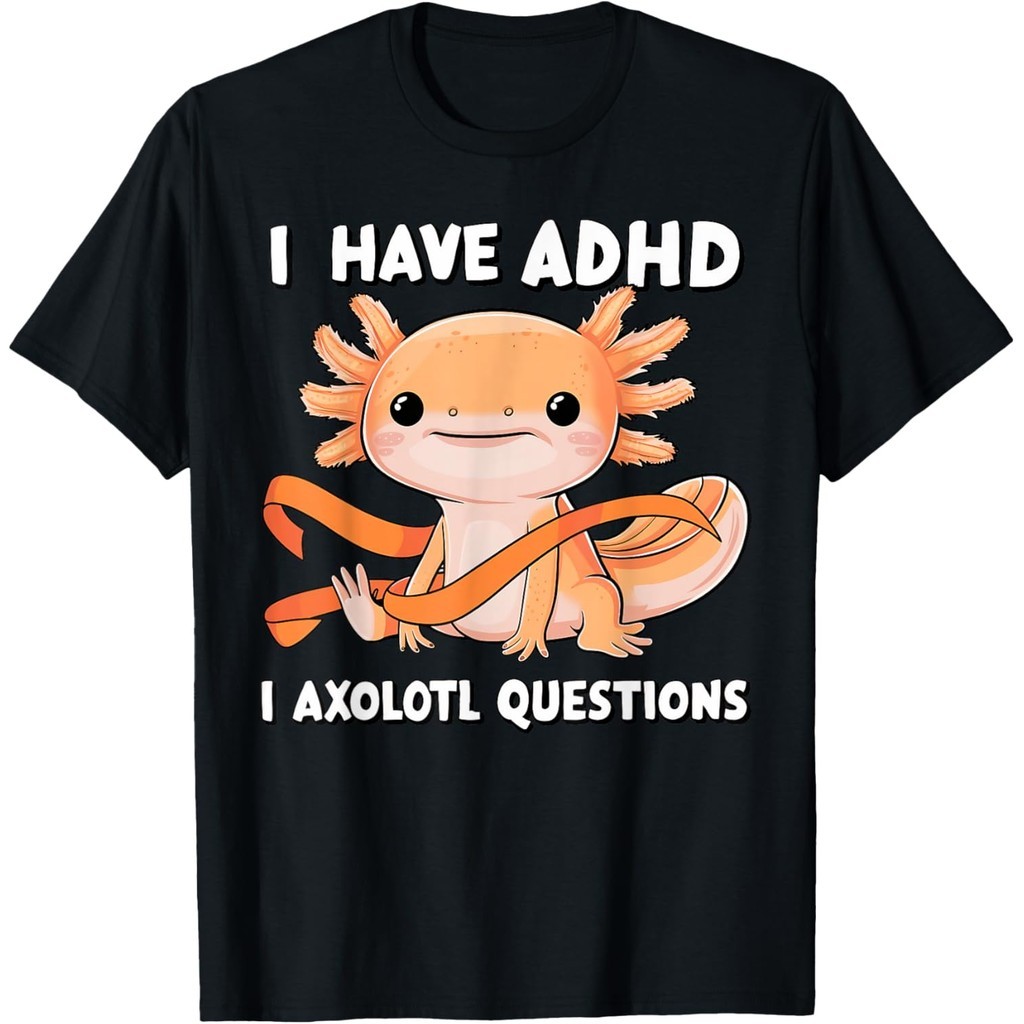 ใหม่ เสื้อยืดผ้าฝ้ายผู้ชาย I Have ADHD I Axolotl คําถาม ADHD Awareness Neurodiversity เสื้อยืด Fast 