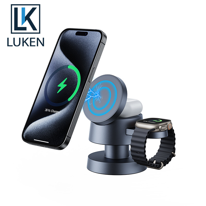 Luken 3 in 1 Magnetic Wireless Charger สําหรับ iPh 16 15 14 13 12 Fast Charging Station สําหรับ App นาฬิกา 10 9 8 7 6 5 4 สําหรับ AirPods