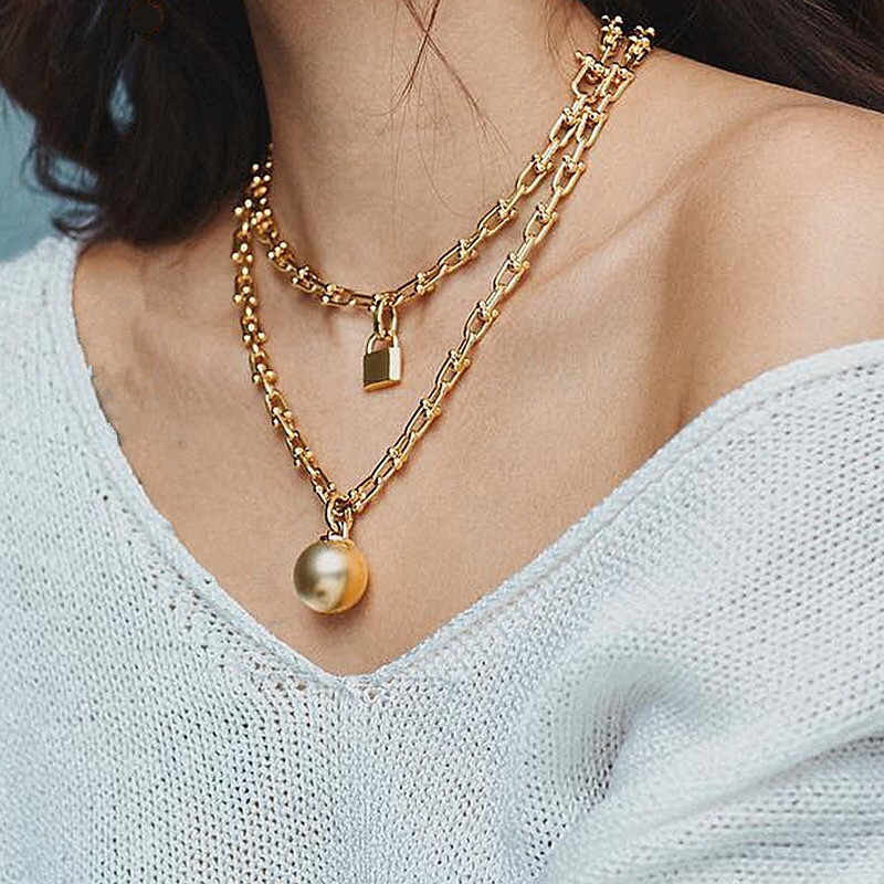 U-Shaped CHAIN Orb Clasp ล็อคจี้สร้อยคอผู้หญิง Punk Orb จี้ Collarbone สร้อยคอ Multi-layer ไม่สม่ําเ