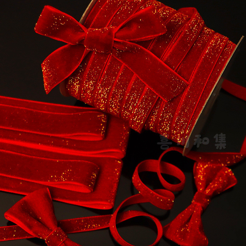 กำมะหยี่สีแดงทองเงาริบบิ้นสำหรับ DIY แฮนด์เมดของขวัญบรรจุภัณฑ์งานแต่งงานช่อดอกไม้วัสดุตกแต่งคริสต์มาส