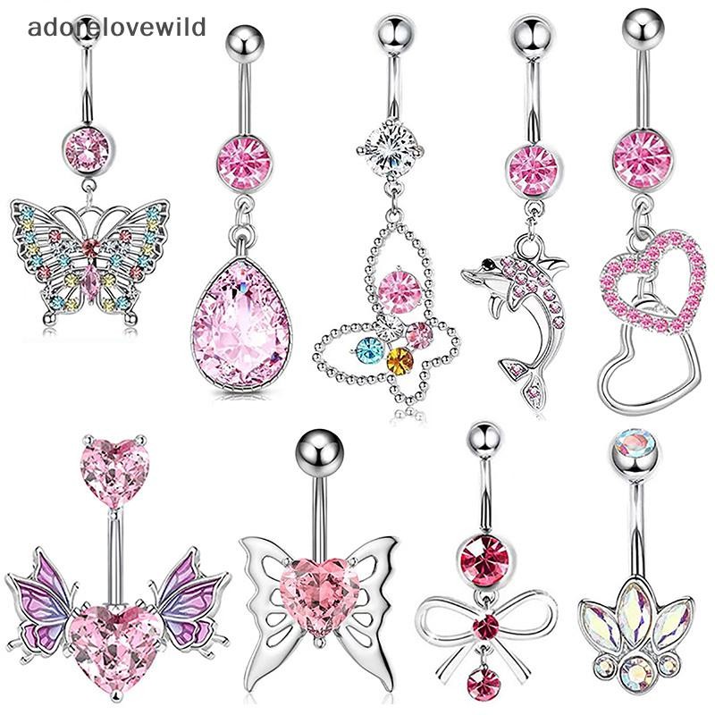 Adorelovewild สีชมพูเพทายปุ่มท้องแหวน Dangle หัวใจผีเสื้อ Navel สแตนเลส Belly Bar สําหรับผู้หญิงเครื่องประดับ sf