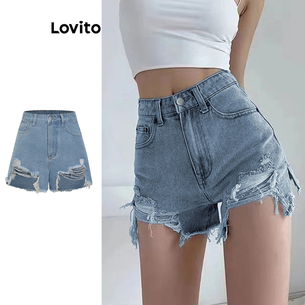 Lovito กางเกงยีนส์ขาสั้นผู้หญิง ชายรุ่ย แต่งฉีกขาด สีพื้น สไตล์ลำลอง L74ED022