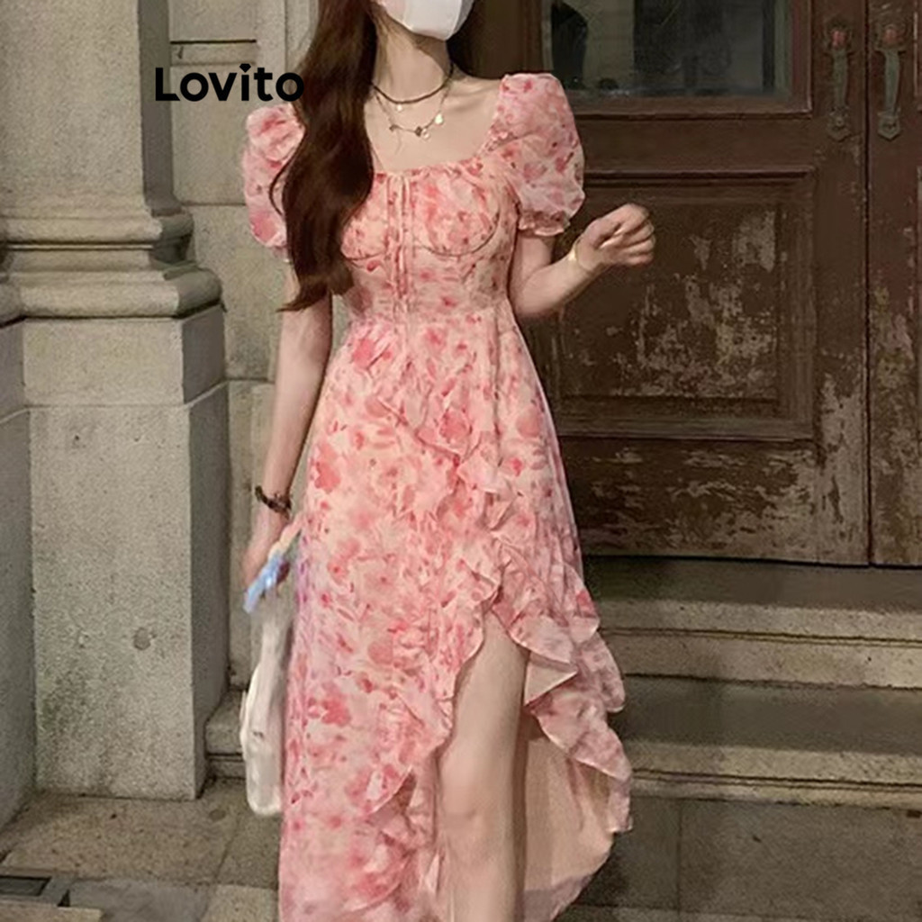 Lovito ชุดเดรส คอเหลี่ยม แขนพัฟ ลายดอกไม้ แต่งระบาย สไตล์โบโฮ สำหรับผู้หญิง LNE17146 (หลากสี)