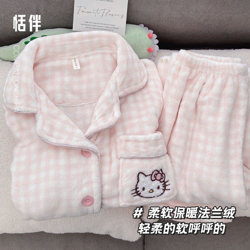 FDS ชุดนอนขนแกะปะการังสำหรับผู้หญิงเสื้อคาร์ดิแกนฤดูใบไม้ร่วงและฤดูหนาวผ้าสักหลาดแขนยาวการ์ตูนชุดใส่ในบ้านอบอุ่นหวาน