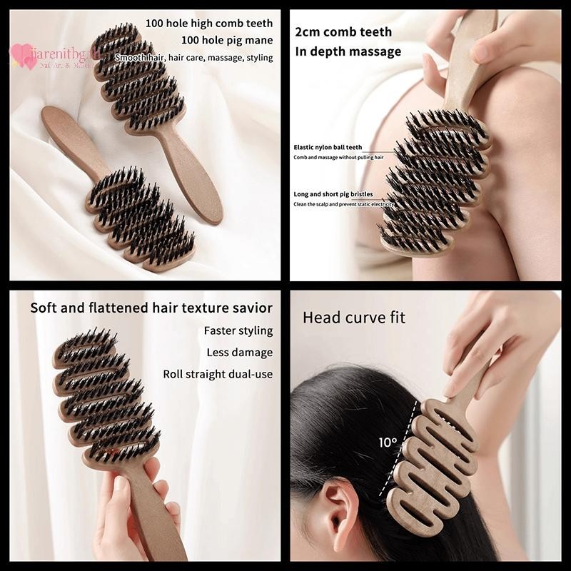 Renbg Boar Bristle Paddle แปรงผม Anti Static หวี Hairdressing หวีนวด Curly Hair Brush ร้านทําผมเครื่องมือจัดแต่งทรงผมเครื่องมือแต่งหน้า TH