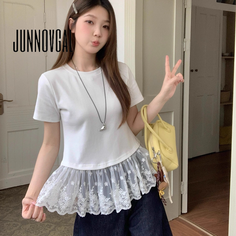 JUNNOVGAL เสื้อยืดผู้หญิง 2025 สีทึบคอกลมแขนสั้น แฟชั่น Casual Slim Fit