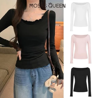 MOSESQUEEN เสื้อยืดแขนยาวเปิดไหล่สีเทาเพียวสําหรับผู้หญิงในต้นฤดูใบไม้ร่วงสาวฮอตไหล่เดียวขอบหูไม้เสื้อ จุดต่ําสุด ด้านบน #62818