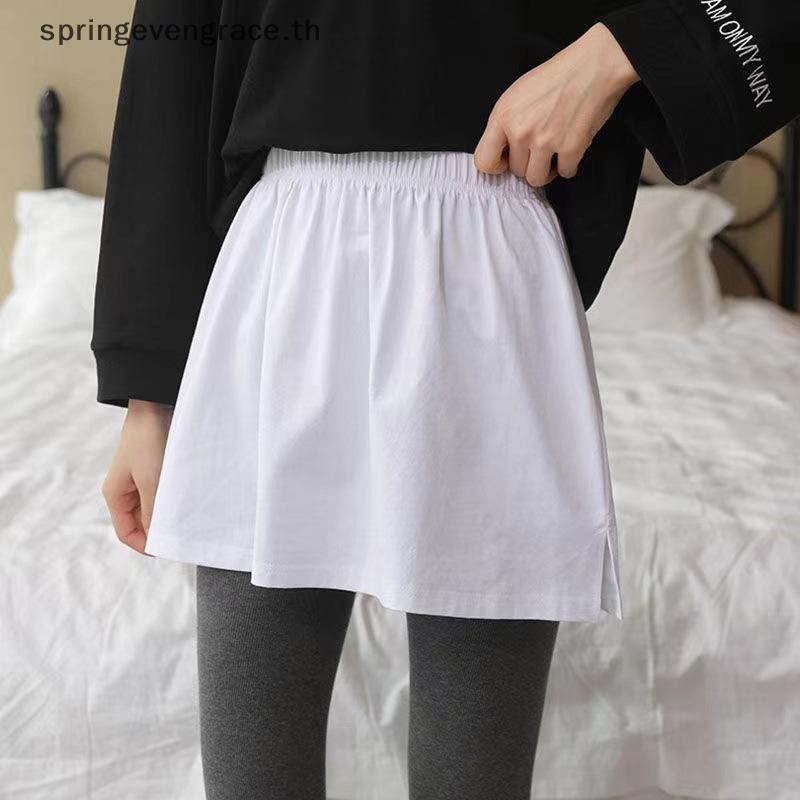 Springevengrace เสื้อปลอม Hem กระโปรงมินิสีทึบเอวสูงยืดหยุ่น สไตล์หวานอเนกประสงค์ สําหรับผู้หญิงและสาว