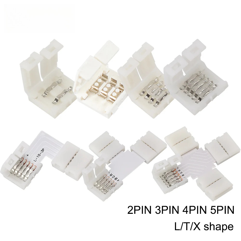 5pcs ฟรีบัดกรี LED connector 2PIN 3PIN 4PIN 5PIN L/T/X รูปร่างมุมสําหรับ 8 มม.10 มม.12 มม.LED Strip 