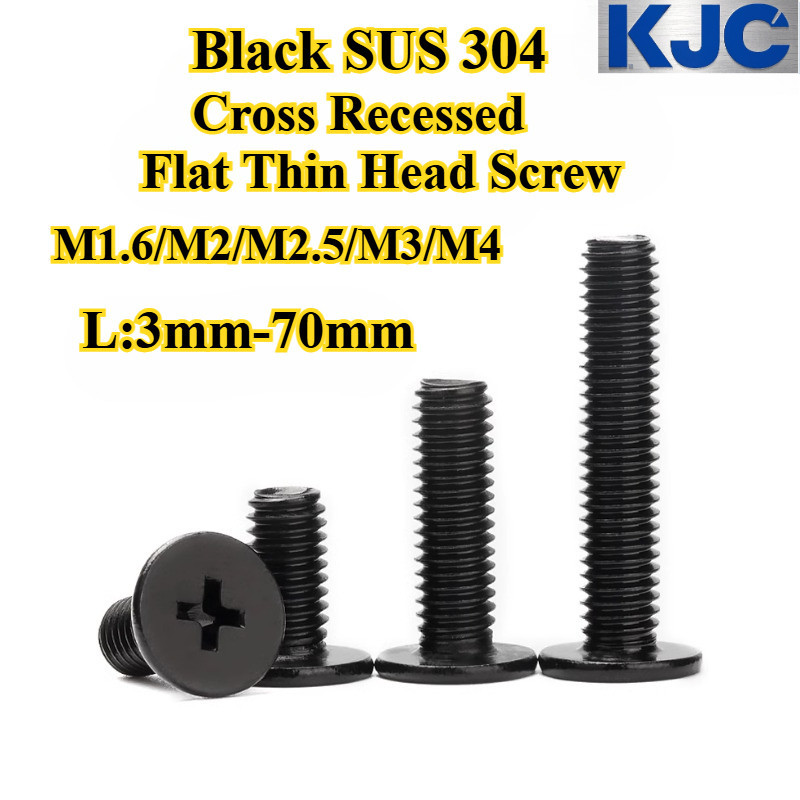 [KJC-SZPT] สีดํา 304 สแตนเลส, สกรูหัวแบนบาง Phillips M1.6/M2/M2.5/M3/M4 Cross, สกรูคอมพิวเตอร์หัวบาง, ความยาว 3 มม.-70 มม.