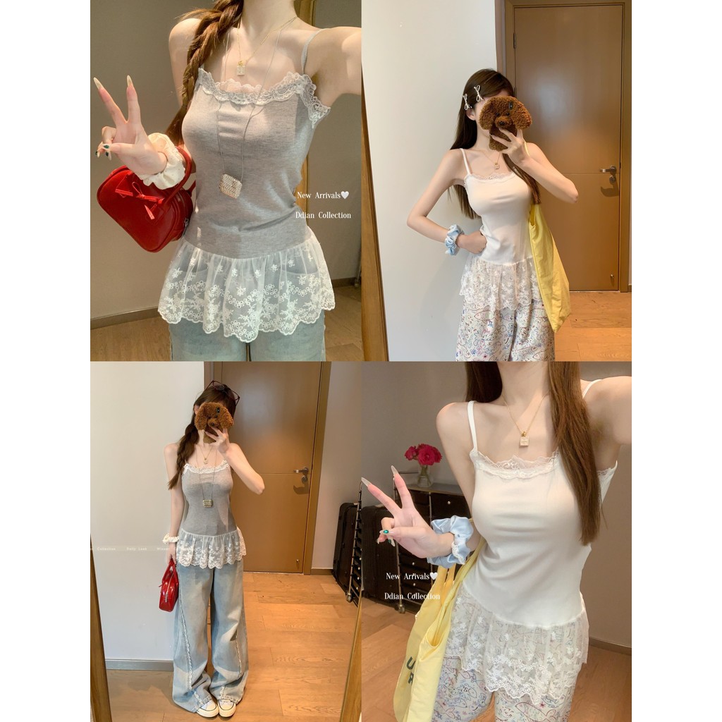 Mimi&Didi#เสื้อสายเดี่ยวไหมพรมลูกไม้ ฤดูร้อน ทรงเข้ารูปและ เสื้อคอกลมอเนกประสงค์ ใส่กับเสื้อก็ดูดี สำหรับผู้หญิง#2694