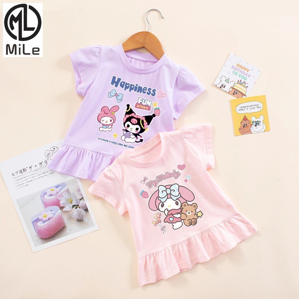 [ML] 90-140 ซม.สาวแขนสั้นเสื้อยืดฤดูร้อนสไตล์ตะวันตกเด็ก Kuromi Tops กลางเด็กเล็กบางสไตล์อินเทรนด์
