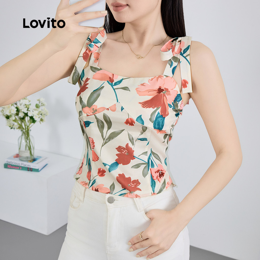 Lovito เสื้อกล้ามลูกไม้ลายดอกไม้สไตล์โบฮีเมียนสำหรับผู้หญิง L128ED603