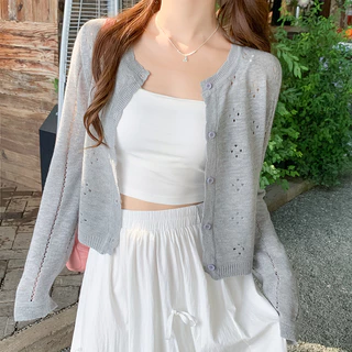เสื้อคาร์ดิแกนถักสีเทาผู้หญิงสไตล์ใหม่แฟชั่นลดอายุสั้นเสื้อแจ็คเก็ตขนาดเล็ก