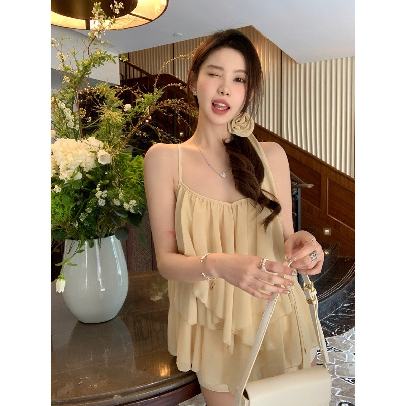 shayne-เสื้อกั๊กสำหรับสุภาพสตรี สีทึบ คอวี ประเภทรุ่นหลวม ความรู้สึกของการออกแบบ สดชื่น อ่อนโยน หวาน วันหยุดฤดูร้อน