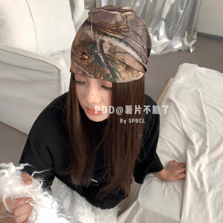 ยุโรปอเมริกันย้อนยุคสีกาแฟพิมพ์ผ้าคลุมศีรษะขี่จักรยานผ้าพันคอแฟชั่นสาวร้อนอารมณ์อินเทรนด์