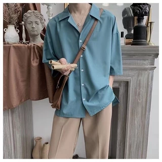 ACHSAWAKE เสื้อเชิ้ตผู้ชาย ทรงหลวม แขนสั้น เทรนด์ผ้าไหมน้ำแข็งขั้นสูง
