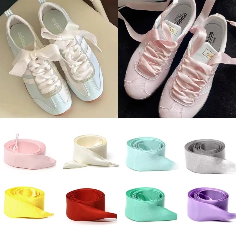 เกาหลีที่สง่างามความกว้างซาตินผ้าไหมริบบิ้นเชือกผูกรองเท้าสีขาวสีดํารองเท้าผ้าใบกีฬารองเท้าลําลองรอง