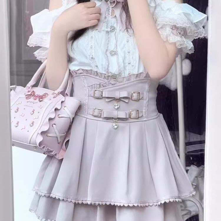 ญี่ปุ่น Mine Series ผู้หญิงสไตล์ญี่ปุ่น Mass-ผลิต Sweet Slimmer ดูลูกไม้เสื้อที่ไม่มีสายหนังโบว์คู่เอวสูง Culottes - รูปที่ 2