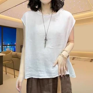 2025 เสื้อเชิ้ตผ้าฝ้ายลินินแขนกุดคอวีขอบระบายใหม่สำหรับผู้หญิงในฤดูร้อน