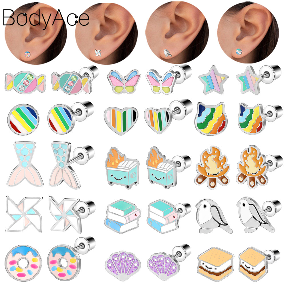 Bodyace 1 Pc 20G ต่างหูสตั๊ดต่างหูสแตนเลส Windmill หูเจาะ Rainbow ต่างหู Lobe ต่างหู Helix ต่างหู