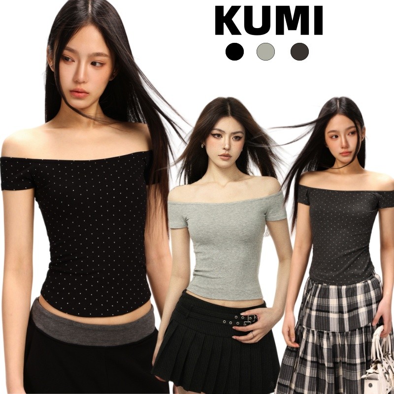 KUMI พร้อมส่ง❤️เสื้อยืด เสื้อปาด​ไหล่❤️แขนสั้น รัดรูป ดีไซน์เรียบง่าย  แฟนชั้นผู้หญิ แต่งตัวง่าย ติดเพชรสะท้านแสงทั้งตัว