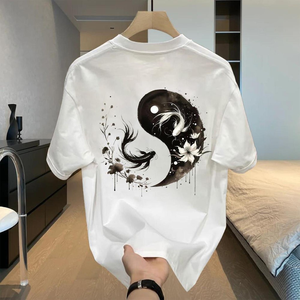 ChillTee📦เสื้อยืดOversize ผ้าCOTTONไม่ต้องรีดลาย "Tai Chi flowers" เนื้อผ้าเกรดพรีเมียม คอกลม ใส่สบายเสื้อสีดํา【COD】
