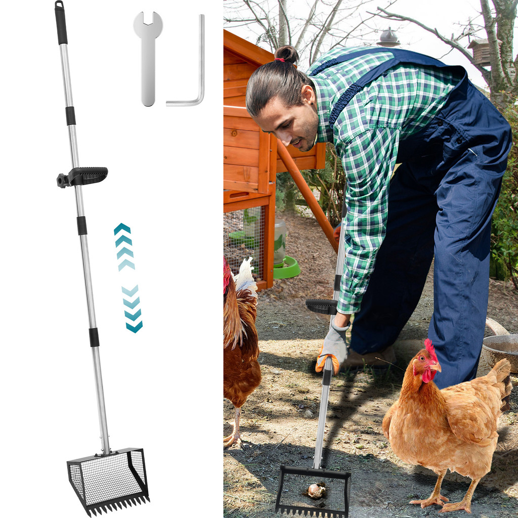 ไก่ Poop Scooper ปรับด้ามยาวโลหะ Sifting Shovel สําหรับสัตว์ปีกขยะทําความสะอาด SHOPSBC7474