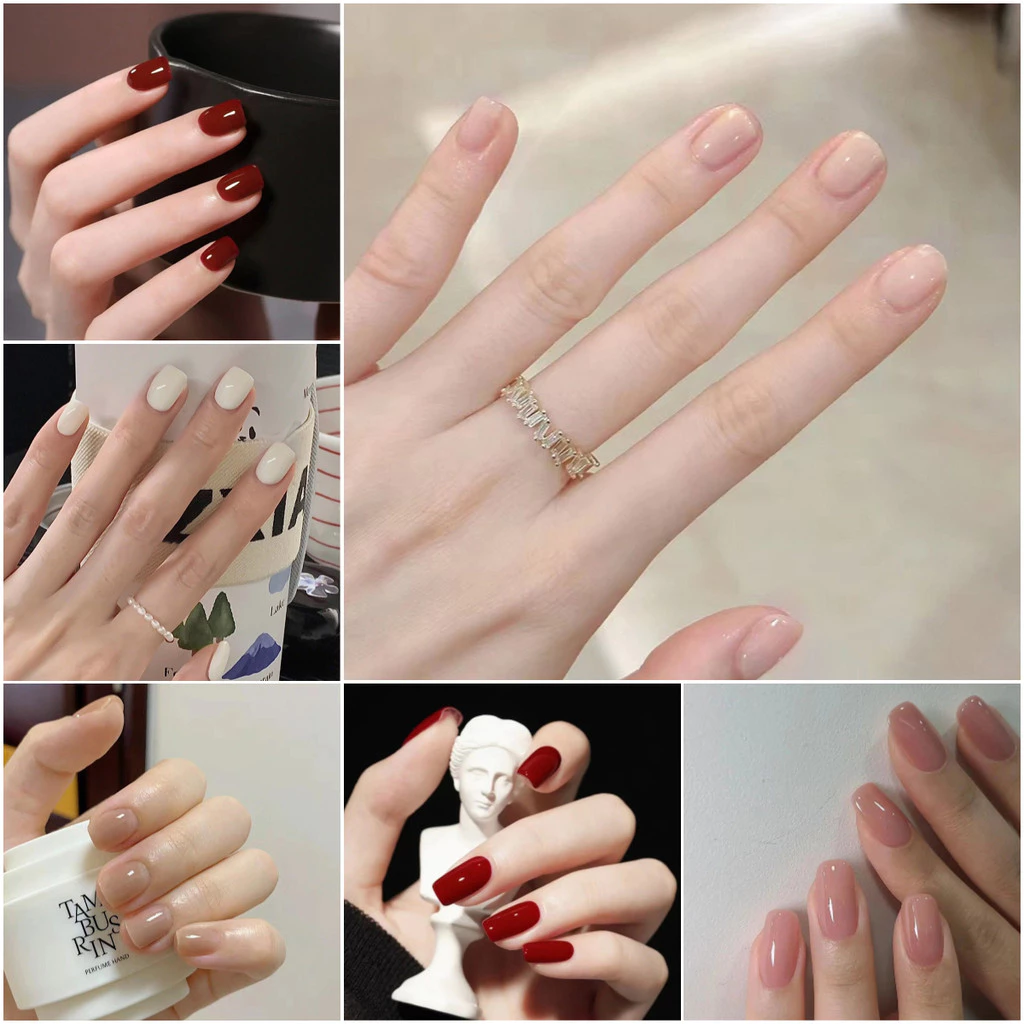 เล็บปลอม สี่เหลี่ยม สีพื้น 24 ชิ้นพร้อมสติกเกอร์กาวเยลลี่