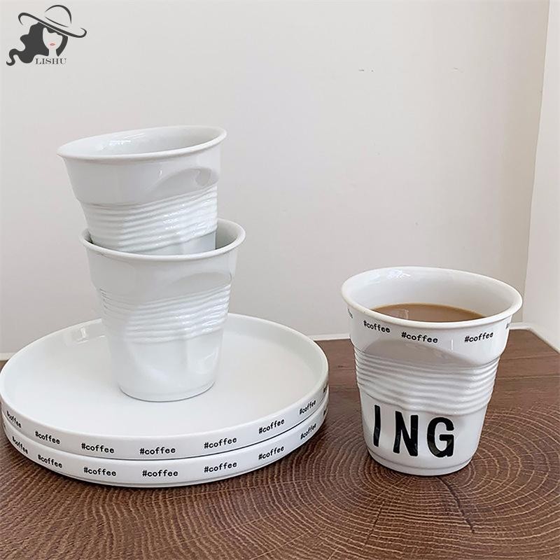 LISHU สไตล์เกาหลีถ้วยและแก้วแก้วกาแฟเซรามิคสีขาว Nordic ริ้วรอยถ้วยดื่มกาแฟ Tumbler Letter th
