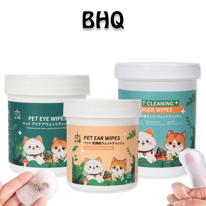 BHQ ผ้าเช็ดทำความสะอาดสัตว์เลี้ยง ทิชชู่เปียกเช็ดคราบน้ำตา หู แบบอ่อนโยน สูตรพืชธรรมชาติ บรรจุ120 ชิ้น