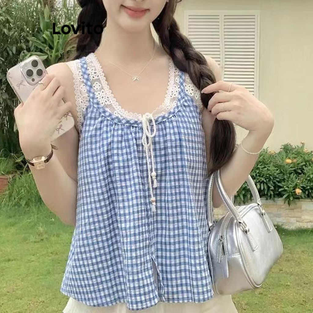 Lovito เสื้อแขนกุดผู้หญิง ลายดอกไม้ ผ้าแจ็คการ์ด สไตล์ลำลอง LNE69615