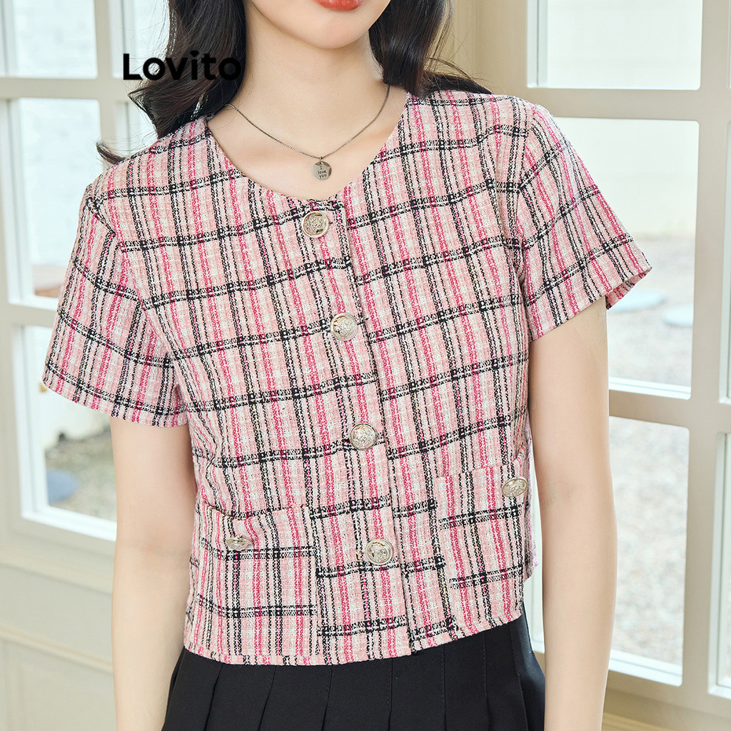 Lovito เสื้อเบลาส์ผู้หญิง แต่งกระเป๋า มีกระดุม สีพื้น สไตล์ลำลอง LNE60091