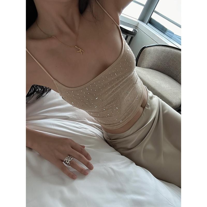 สาวฤดูร้อนเซ็กซี่ร้อน Rhinestone ตาข่ายวงกลมคู่สั้น Midriff-Baring Camisole เสื้อผ้าผู้หญิง Lady Vest