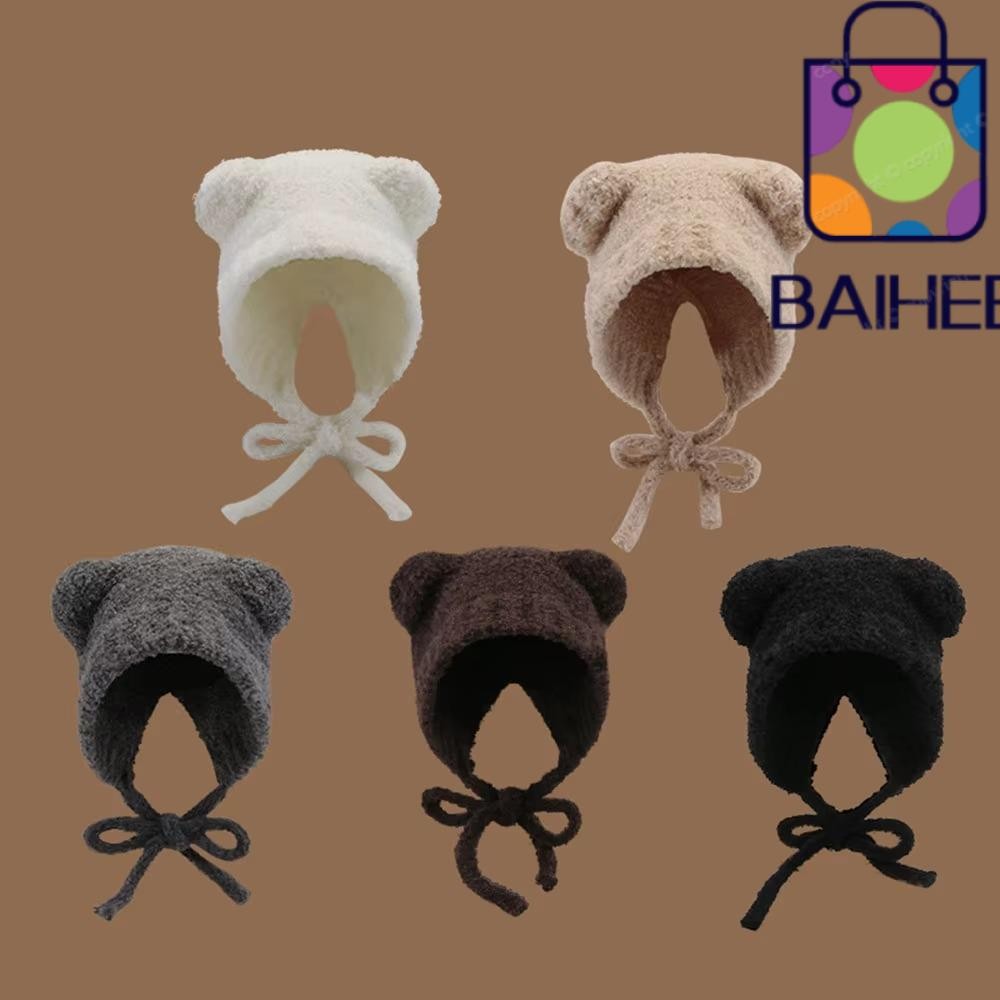 Baihee หมวกขนสัตว์หูหมี, Y2k พร้อมเชือกถักหมวกเครื่องบินทิ้งระเบิด, ลูกไม้น่ารักอบอุ่นป้องกันหูหมวกฤดูหนาว