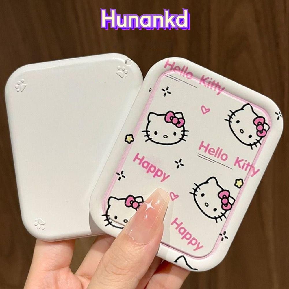 Huan กระจกพับได้ Hello Kitty Cat ความละเอียดสูงพร้อมกระจกมือการ์ตูนหวีขนาดเล็ก ของขวัญ กระจกแต่งหน้าทรงสี่เหลี่ยมน่ารัก