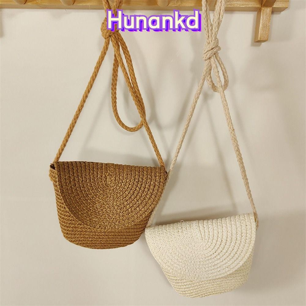 Huan กระเป๋าเด็กสะพายข้าง,กระเป๋าสานฟางแฟชั่นแฮนด์เมดน่ารักสําหรับเด็ก