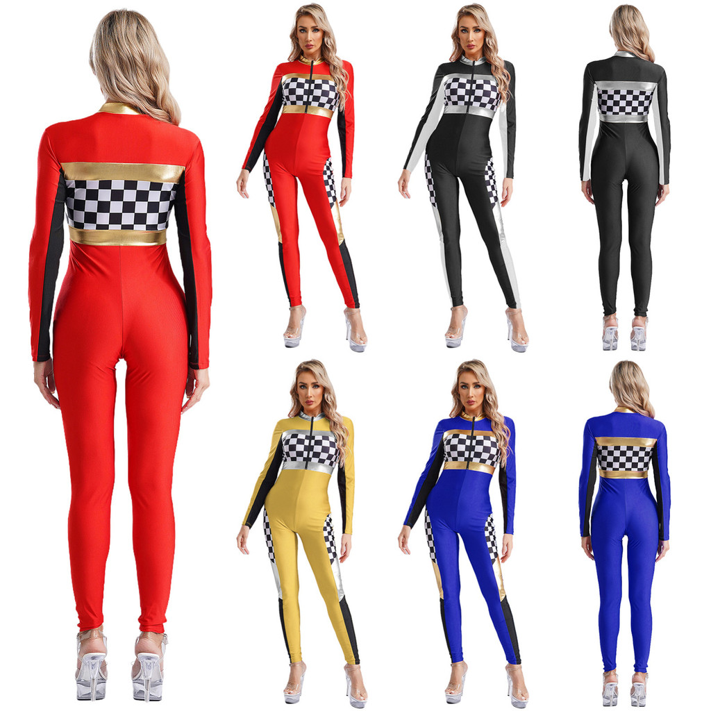 Yhong ผู้หญิงเซ็กซี่ Checkerboard Racing เชียร์ลีดเดอร์ Jumpsuit แขนยาวกางเกงขายาวลายสก๊อต Rompers Racer Driver คอสเพลย์บอดี้สูท
