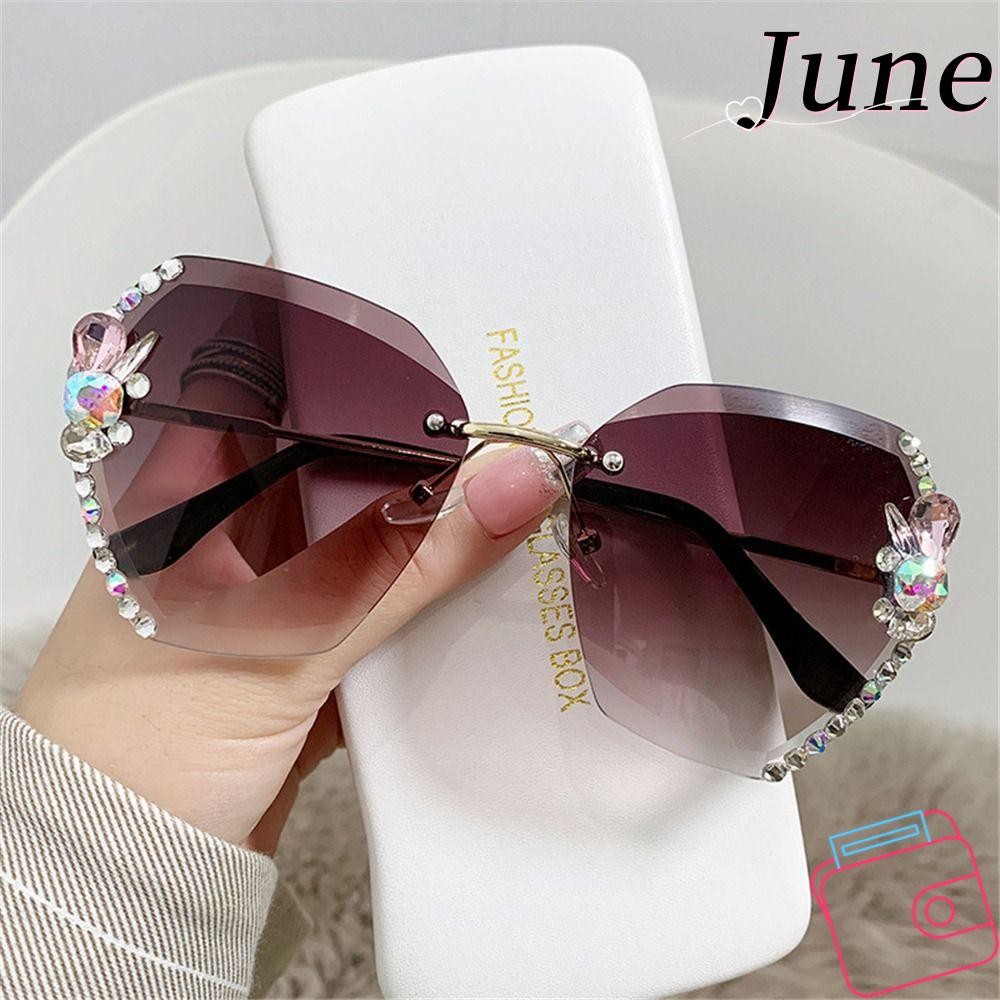 June ตัดเลนส์แว่นตากันแดด,เงา UV Protection Rimless Rhinestone แว่นตากันแดด,Luxury Beach/Travel/Streetwear แว่นตาไร้กรอบสําหรับผู้หญิง