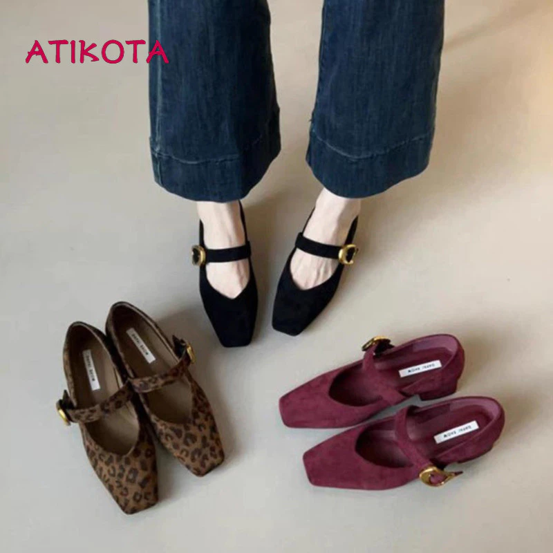 Atikota รองเท้าส้นสูงผู้หญิง Mary Jane แฟชั่น Retro สไตล์ One-line Buckle Square Toe รองเท้า