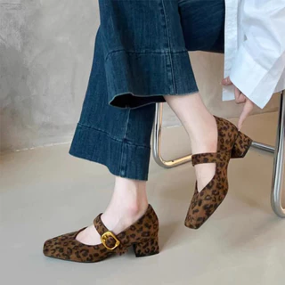 Atikota รองเท้าส้นสูงผู้หญิง Mary Jane แฟชั่น Retro สไตล์ One-line Buckle Square Toe รองเท้า