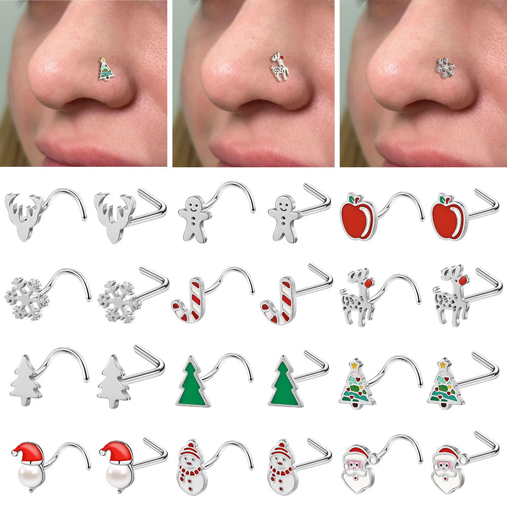 1 PC 20G คริสต์มาสจมูกสตั๊ดเจาะสแตนเลส Nostrail Stud Corkscrew L รูป Nostril เจาะ Santa Claus แหวนจมูกสนเงินสีแดงสีเขียว